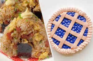 On the left, there's a dish of seasoned rice with chunks of meat and garnished with drizzles of sauce. On the right, there's a pie with a lattice crust and blue filling